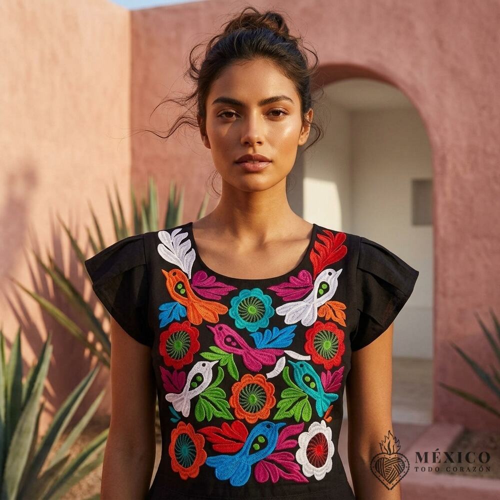 Traditional Mexican Huipil style Blouse – Handmade Embroidered Manta Top S M L